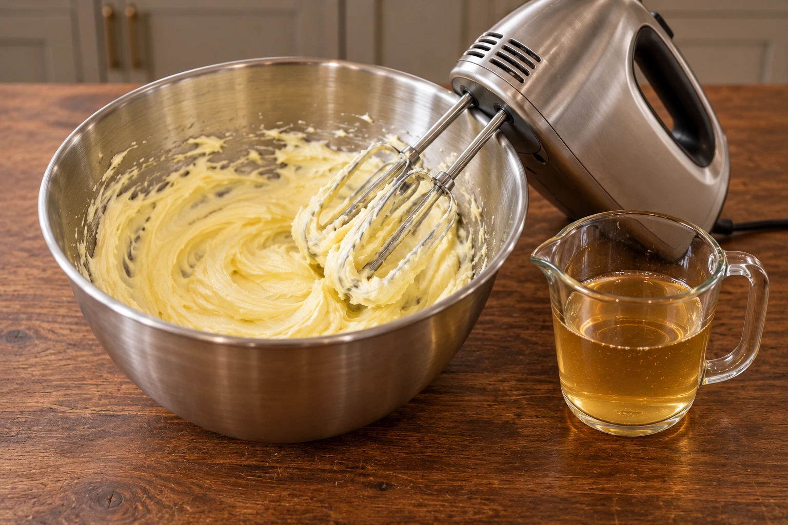 Softened butter ready beside cooled honey gelatin water for satin buttercream