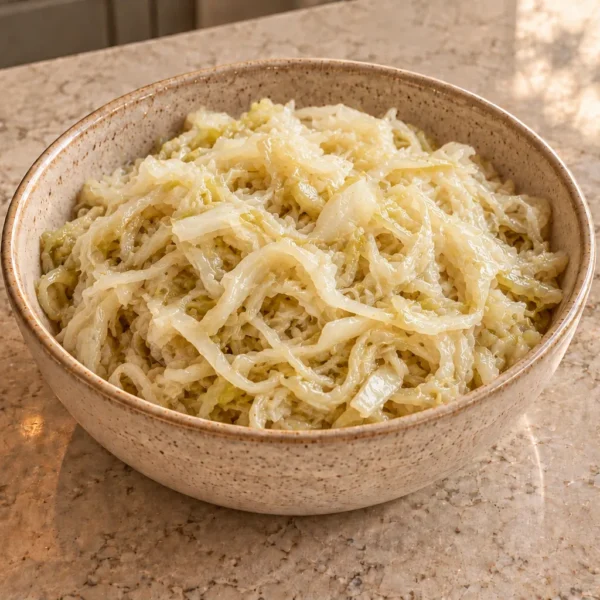 Homemade green sauerkraut with pale moist cabbage shreds in a ceramic bowl