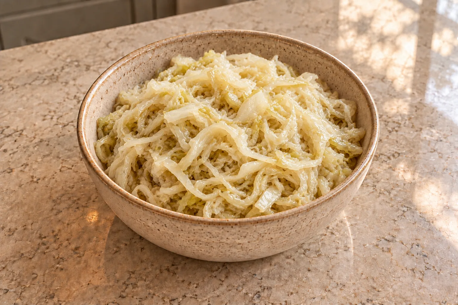 Homemade green sauerkraut with pale moist cabbage shreds in a ceramic bowl