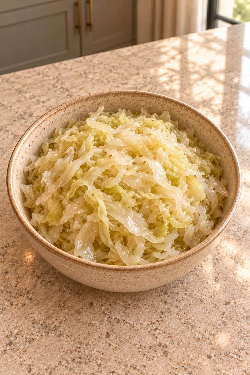 Homemade green sauerkraut with pale moist cabbage shreds in a ceramic bowl