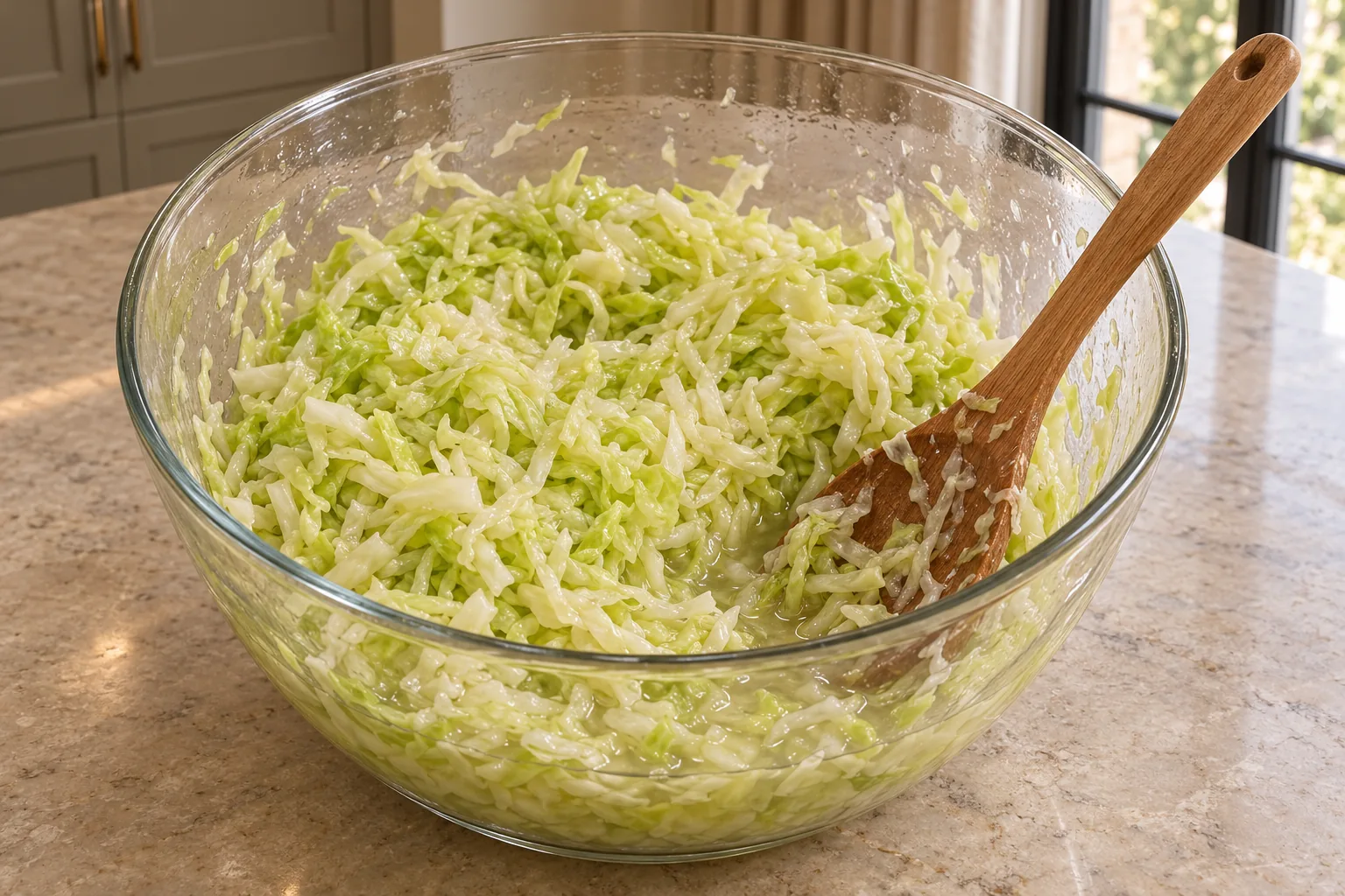 Salted green cabbage after pounding, with juice in the bowl and cabbage residue on the wooden spoon