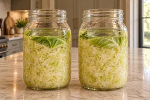 Green cabbage packed beneath brine and weights in two half-gallon glass jars