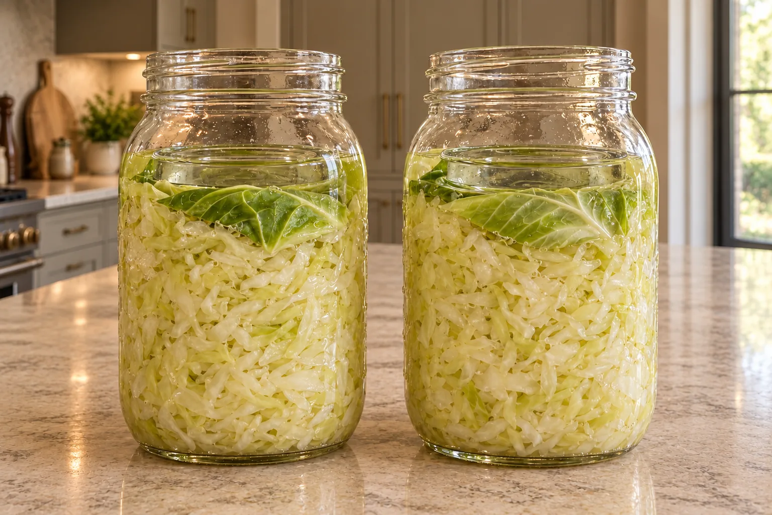Green cabbage packed beneath brine and weights in two half-gallon glass jars