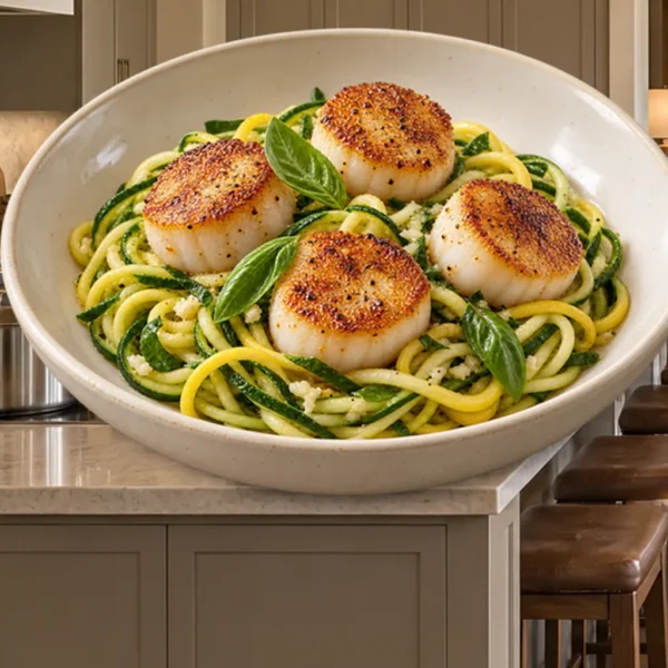 Four caramelized sea scallops over lemon-garlic zucchini noodles for Full GAPS