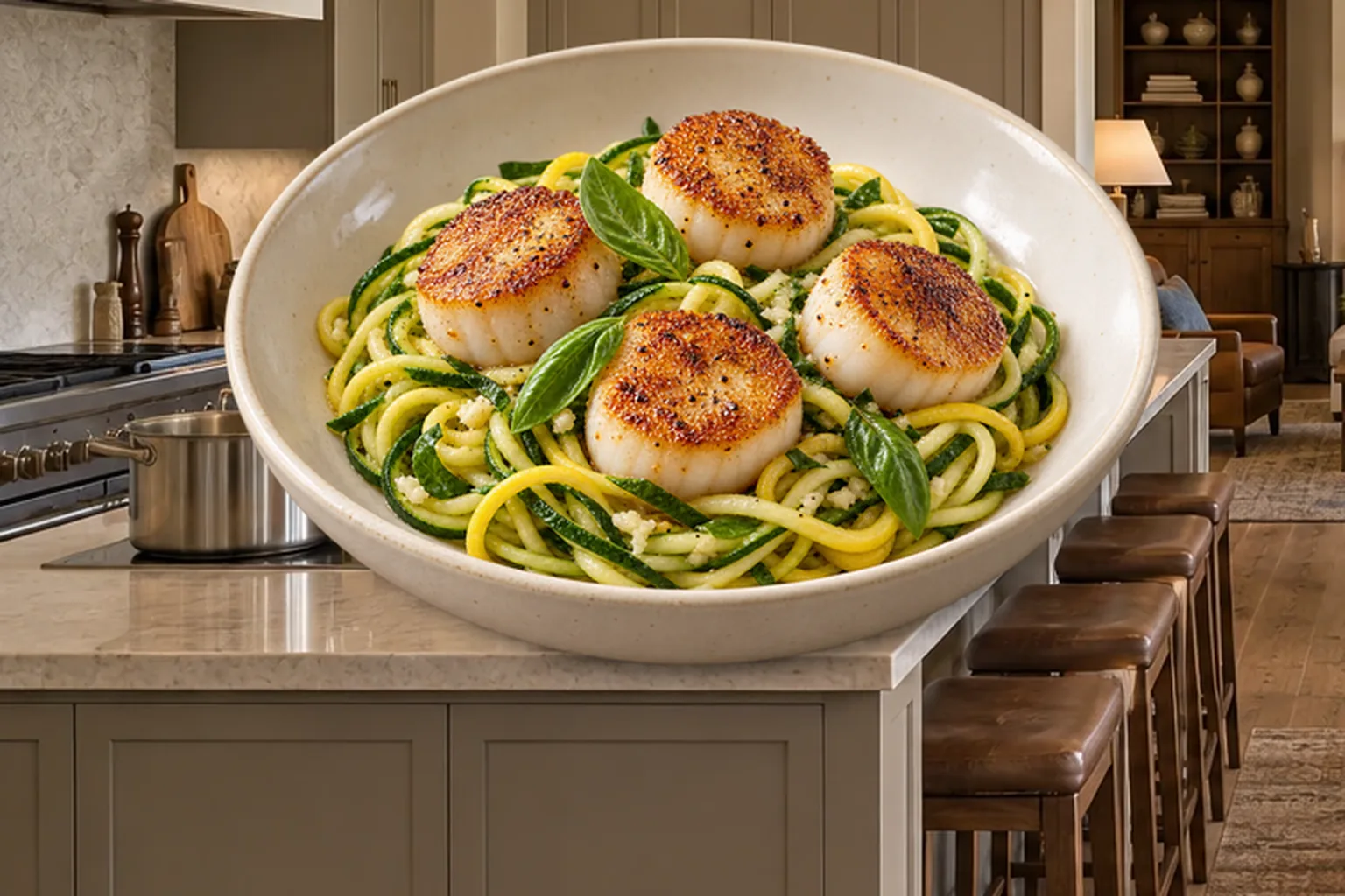 Four caramelized sea scallops over lemon-garlic zucchini noodles for Full GAPS