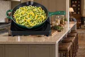 Green and yellow zucchini noodles with garlic after one minute in a supported Artichaut skillet