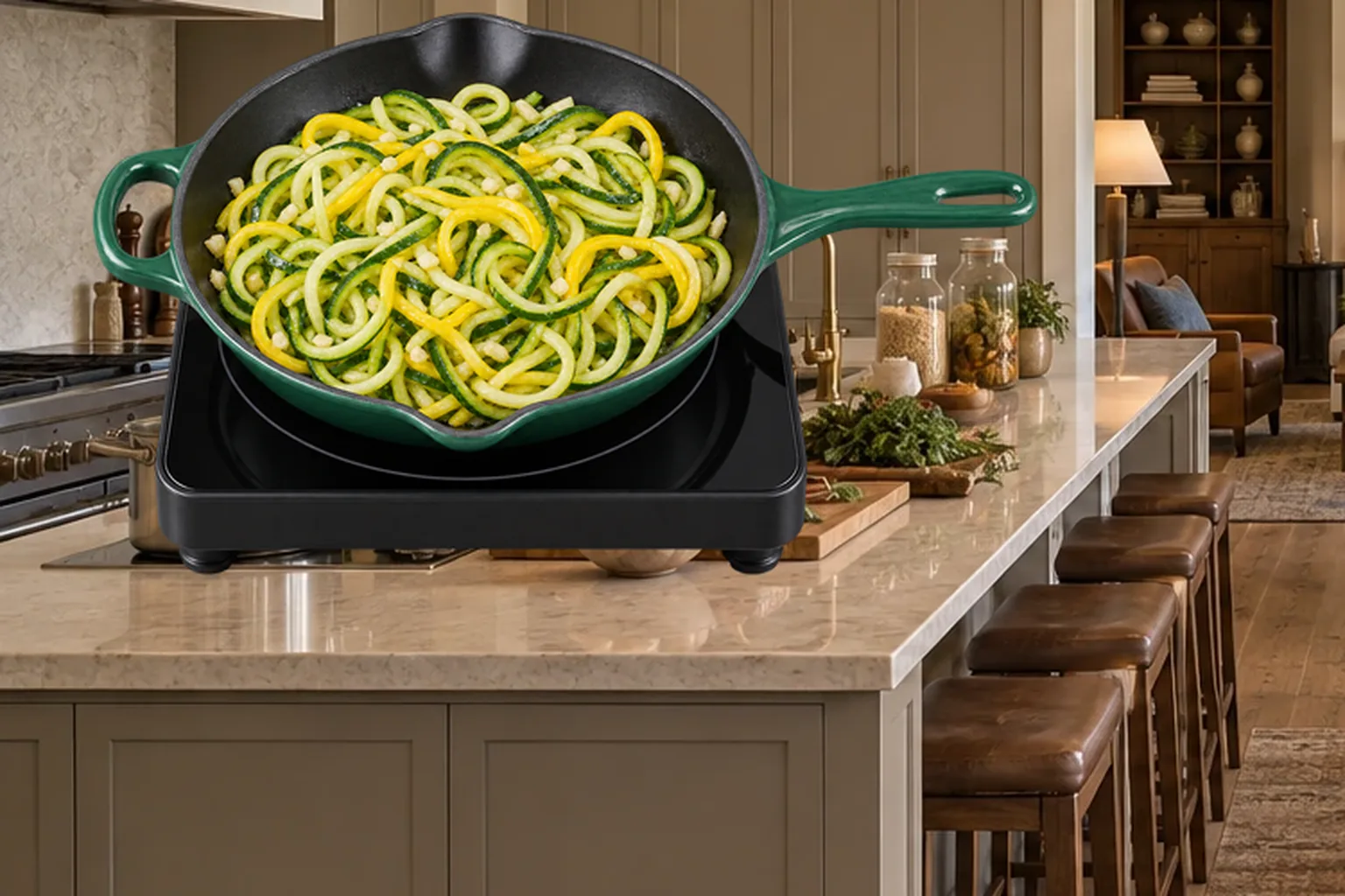 Green and yellow zucchini noodles with garlic after one minute in a supported Artichaut skillet
