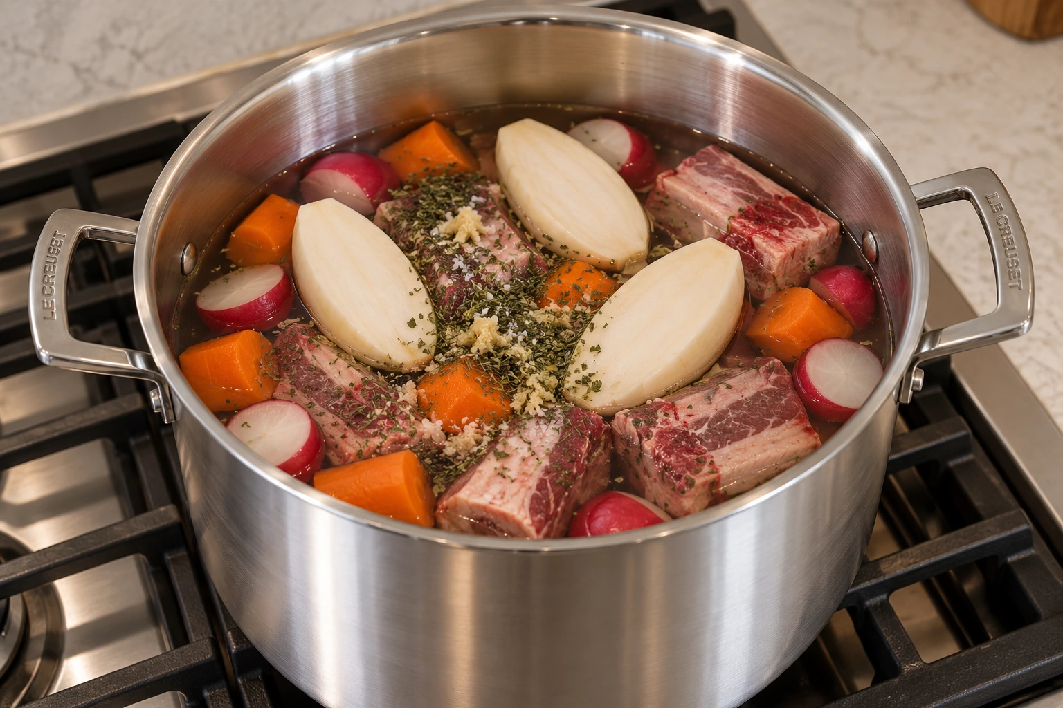 Raw short ribs, peeled turnips, radishes, carrots, water, and seed-free herbs assembled before simmering