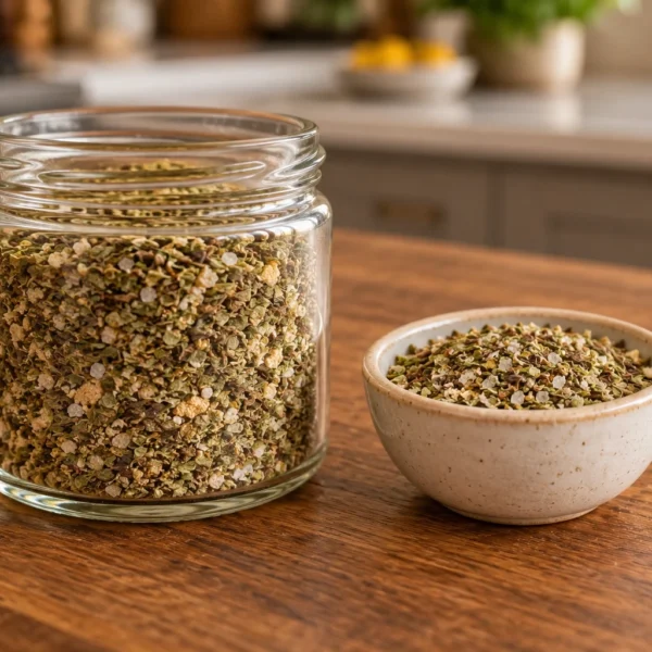 Seed-free Middle Eastern herb blend for Full GAPS in a small glass jar and bowl