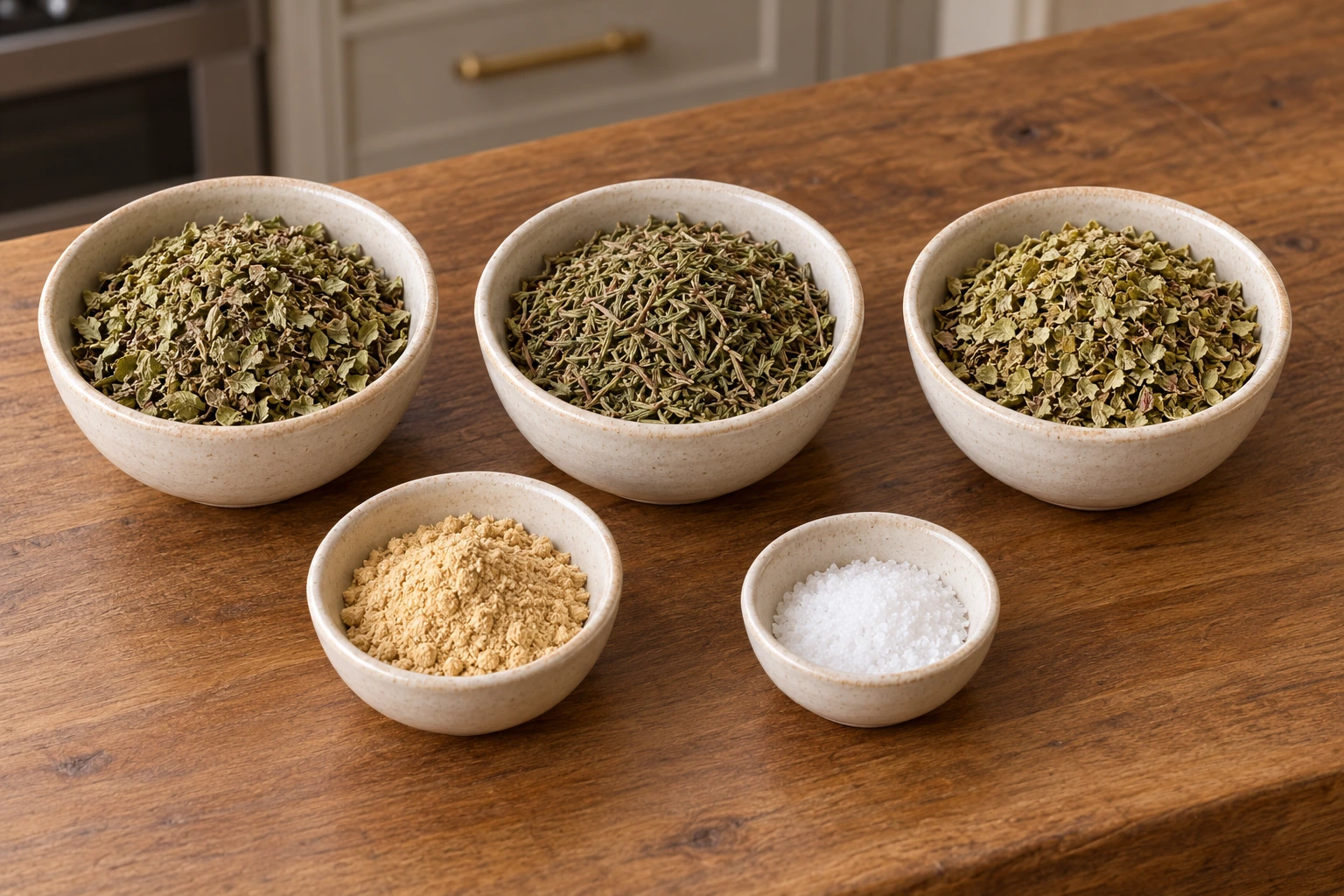 Measured marjoram, thyme, oregano, dried ginger, and sea salt before mixing