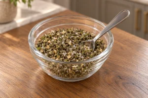 Evenly mixed seed-free Middle Eastern herb blend in a small glass bowl