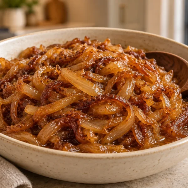 Deep golden slow cooker caramelized onions with butter and homemade meat stock