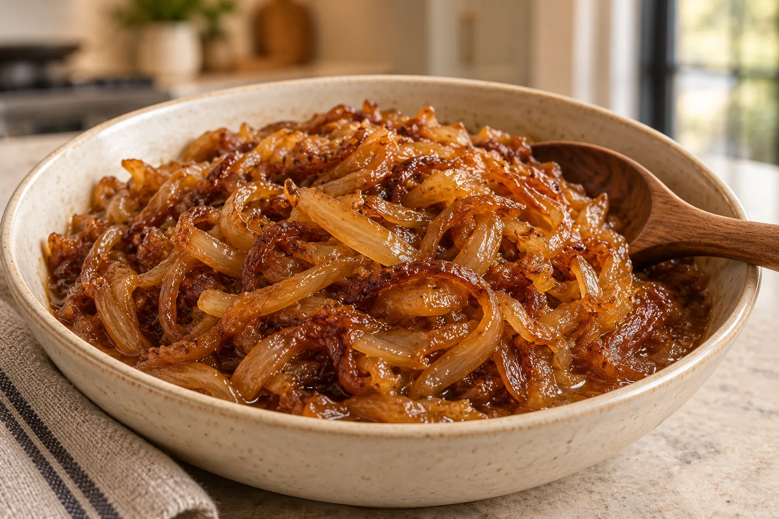 Deep golden slow cooker caramelized onions with butter and homemade meat stock