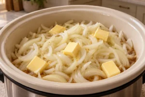 Sliced onions, butter, and meat stock in a ceramic slow cooker insert