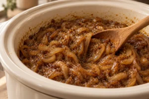 Deep golden jammy caramelized onions finished in a ceramic slow cooker