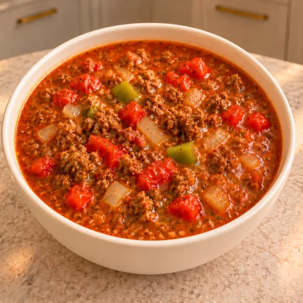Slow cooker spaghetti sauce soup for Full GAPS with tender beef, tomato, onion and bell pepper in a deep bowl