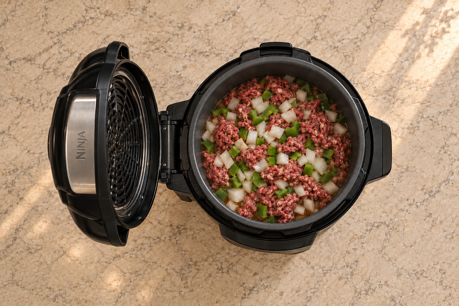 Ground beef bell pepper onion and measured liquid loaded in the exact Ninja Foodi FD401