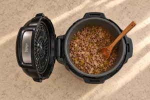 Tender slow-cooked beef, soft onion and pepper with a used spoon coated in cooking juices before the tomato finish