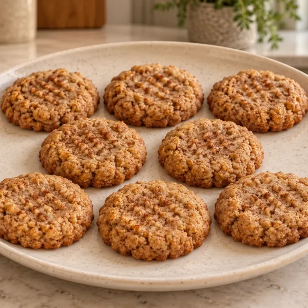 Eight soft cinnamon almond-butter cookies for Full GAPS on a cream ceramic plate