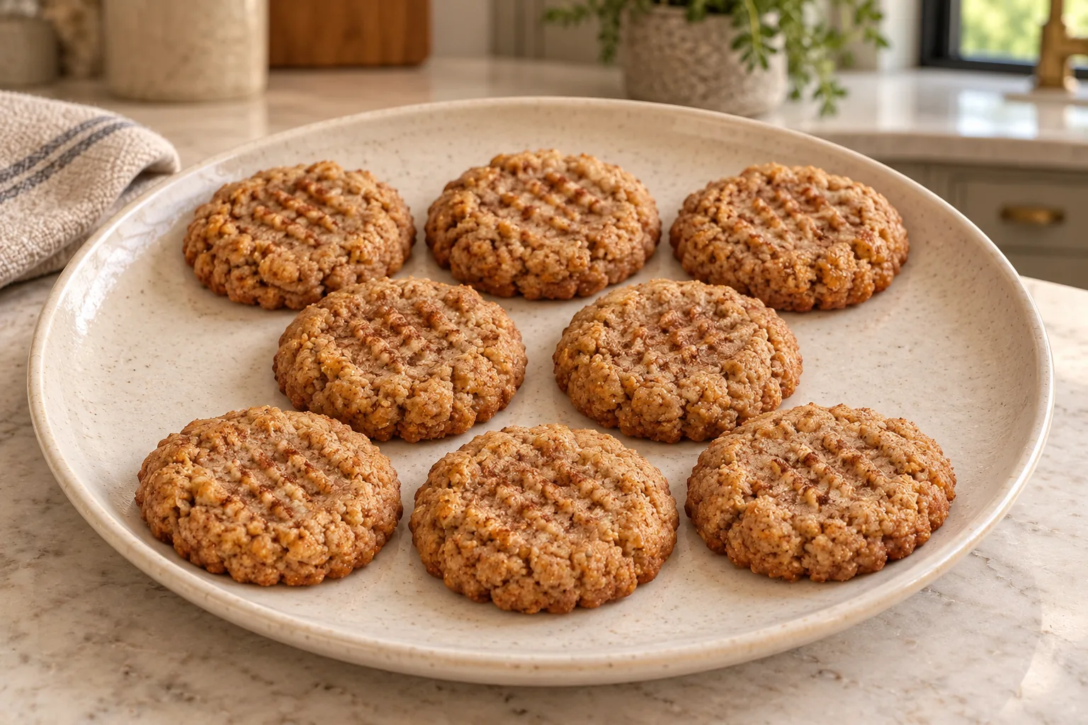 Eight soft cinnamon almond-butter cookies for Full GAPS on a cream ceramic plate