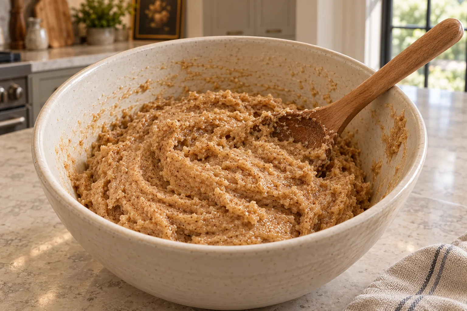 Soft cinnamon almond-butter cookie dough for Full GAPS in a cream bowl, showing its sticky texture