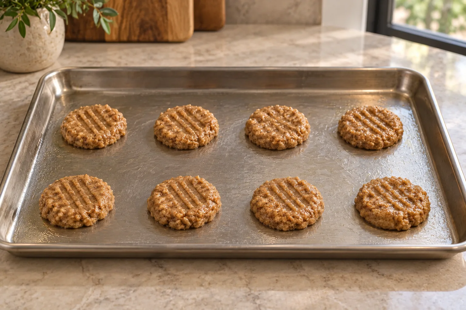 Eight unbaked soft cinnamon almond-butter cookies for Full GAPS on a greased stainless baking sheet