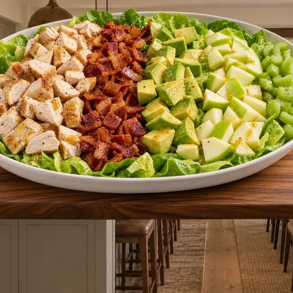 Finished Full GAPS sour apple chicken Cobb salad arranged in rows in the WFLI Photo House kitchen