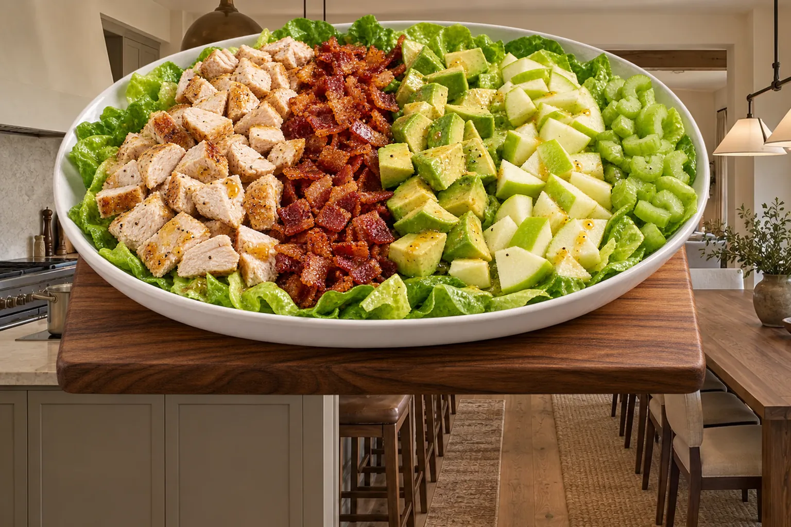 Finished Full GAPS sour apple chicken Cobb salad arranged in rows in the WFLI Photo House kitchen