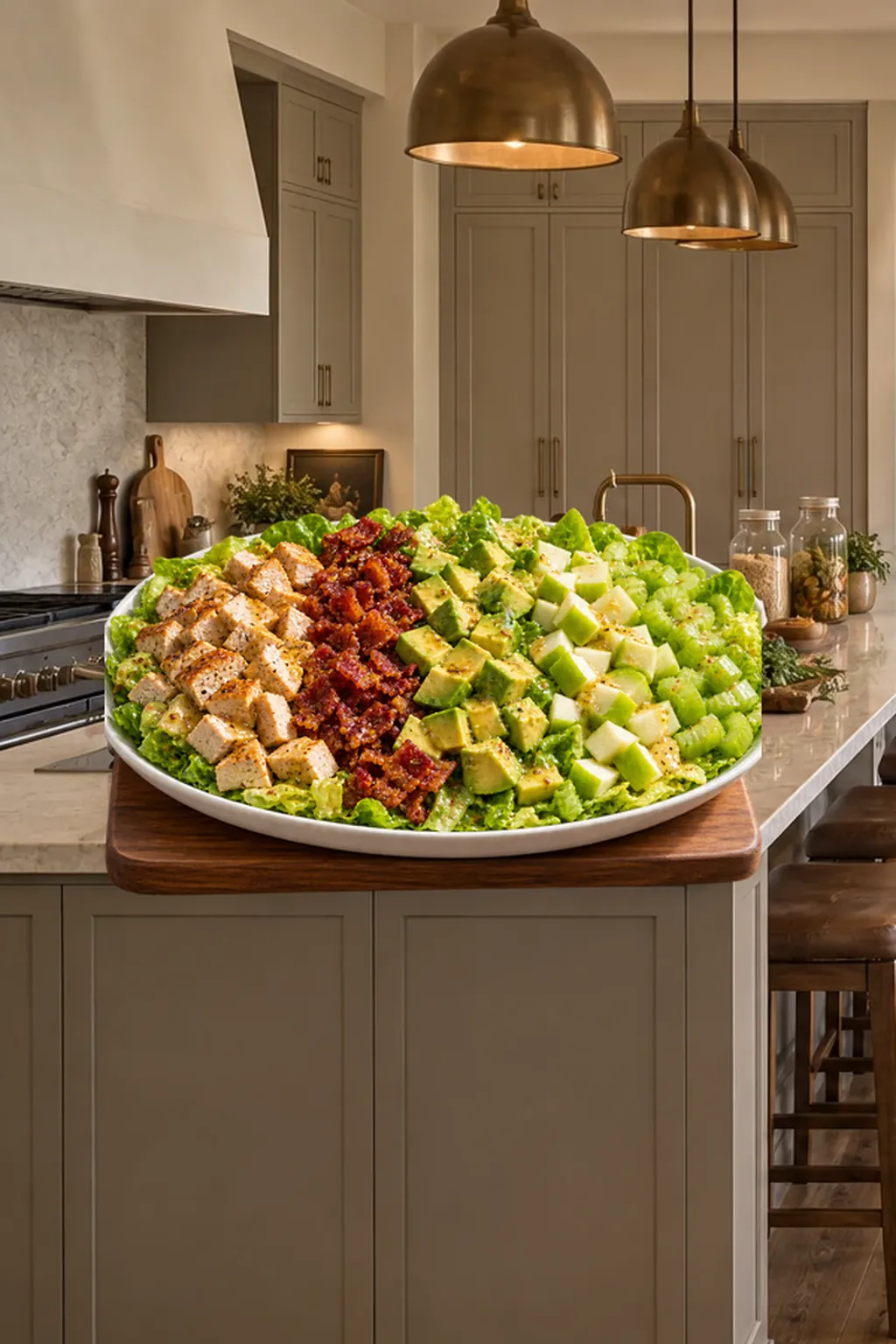 Finished Full GAPS sour apple chicken Cobb salad arranged in rows in the WFLI Photo House kitchen