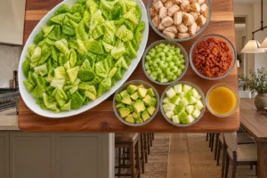 Chopped lettuce with cooked chicken, bacon, celery, avocado, tart apple, and vinaigrette ready for assembly