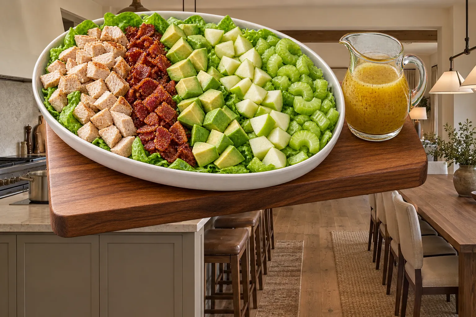 Chicken, bacon, avocado, tart apple, and celery arranged in rows over lettuce before dressing