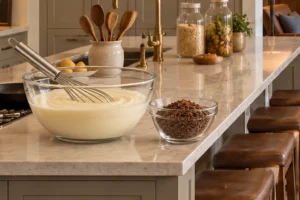 Smooth whisked sour cream honey and peppermint base beside homemade chocolate shavings