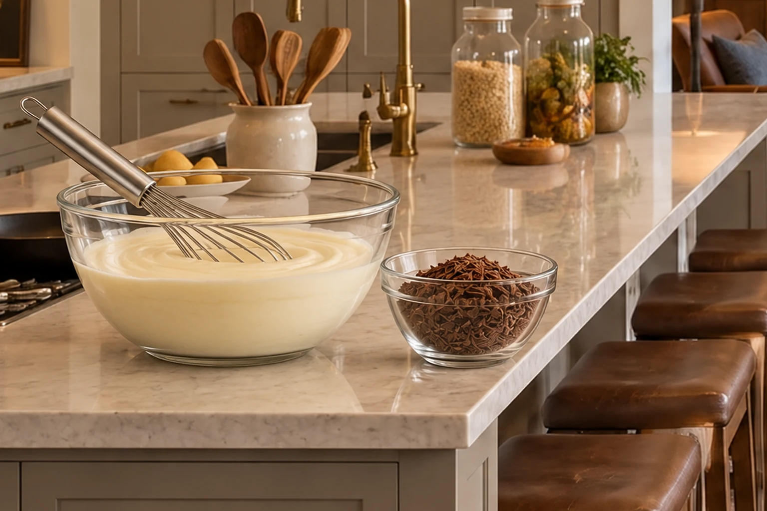Smooth whisked sour cream honey and peppermint base beside homemade chocolate shavings