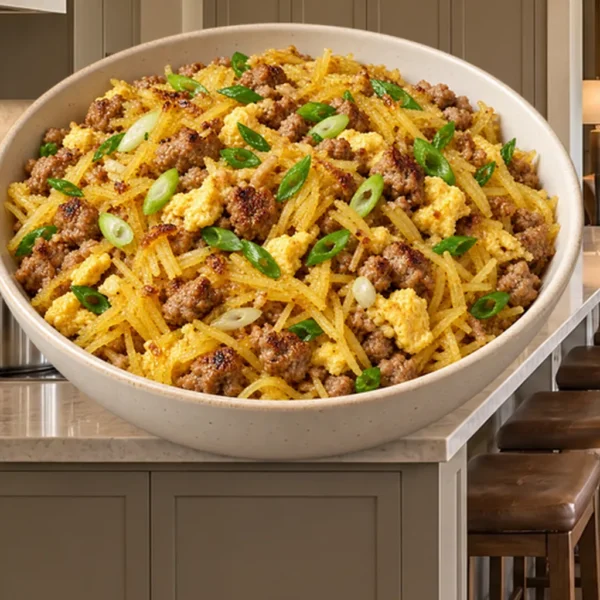Spaghetti squash fried rice with pork, egg, and green onions for Full GAPS