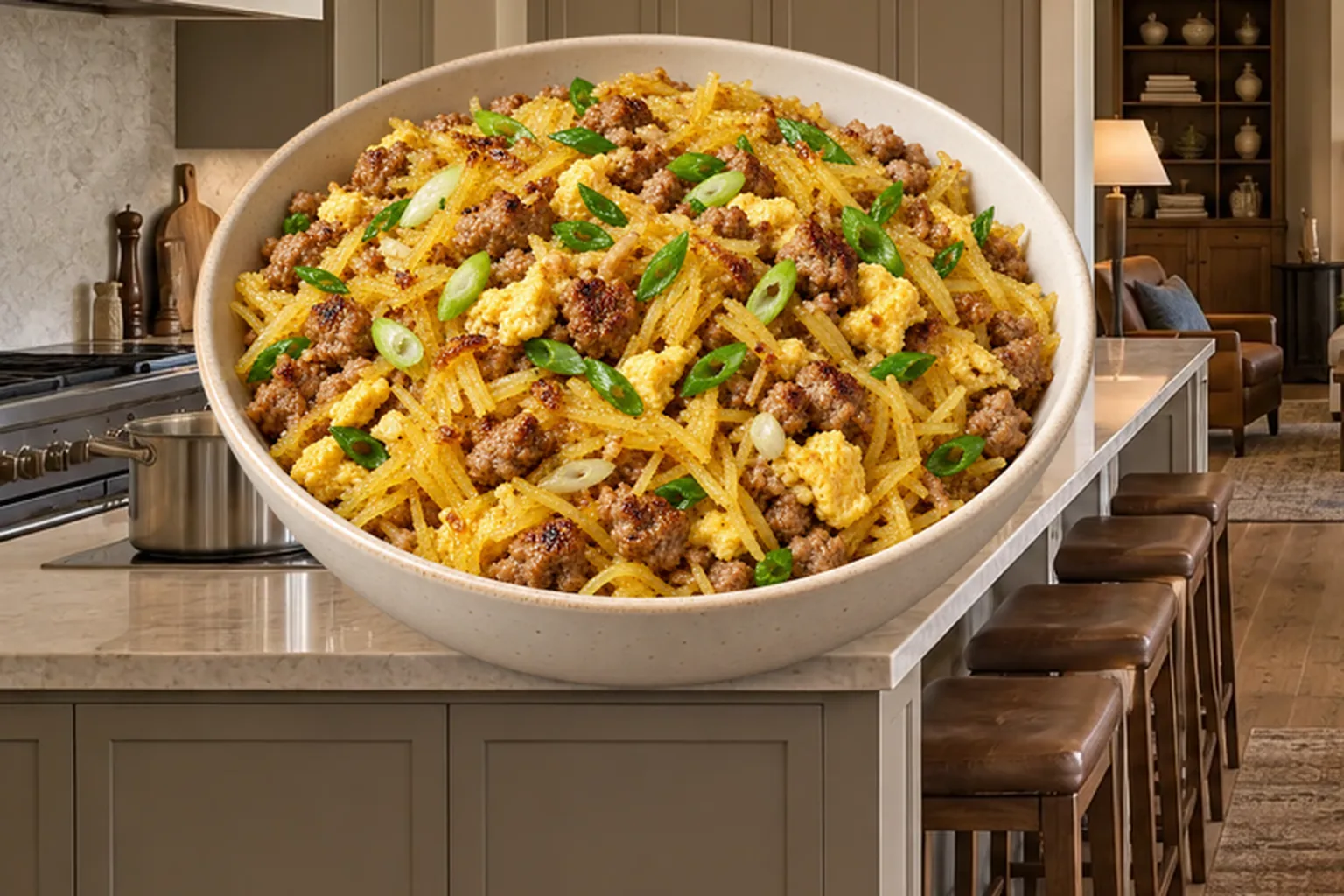 Spaghetti squash fried rice with pork, scrambled egg, and green onions for Full GAPS