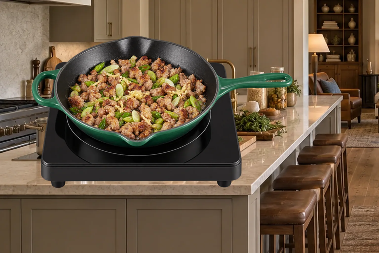 Cooked pork, green onions, and fresh ginger after two minutes in a supported Le Creuset Artichaut skillet