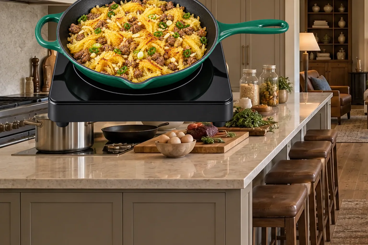 Short spaghetti squash strands browning over pork before eggs and coconut aminos are added