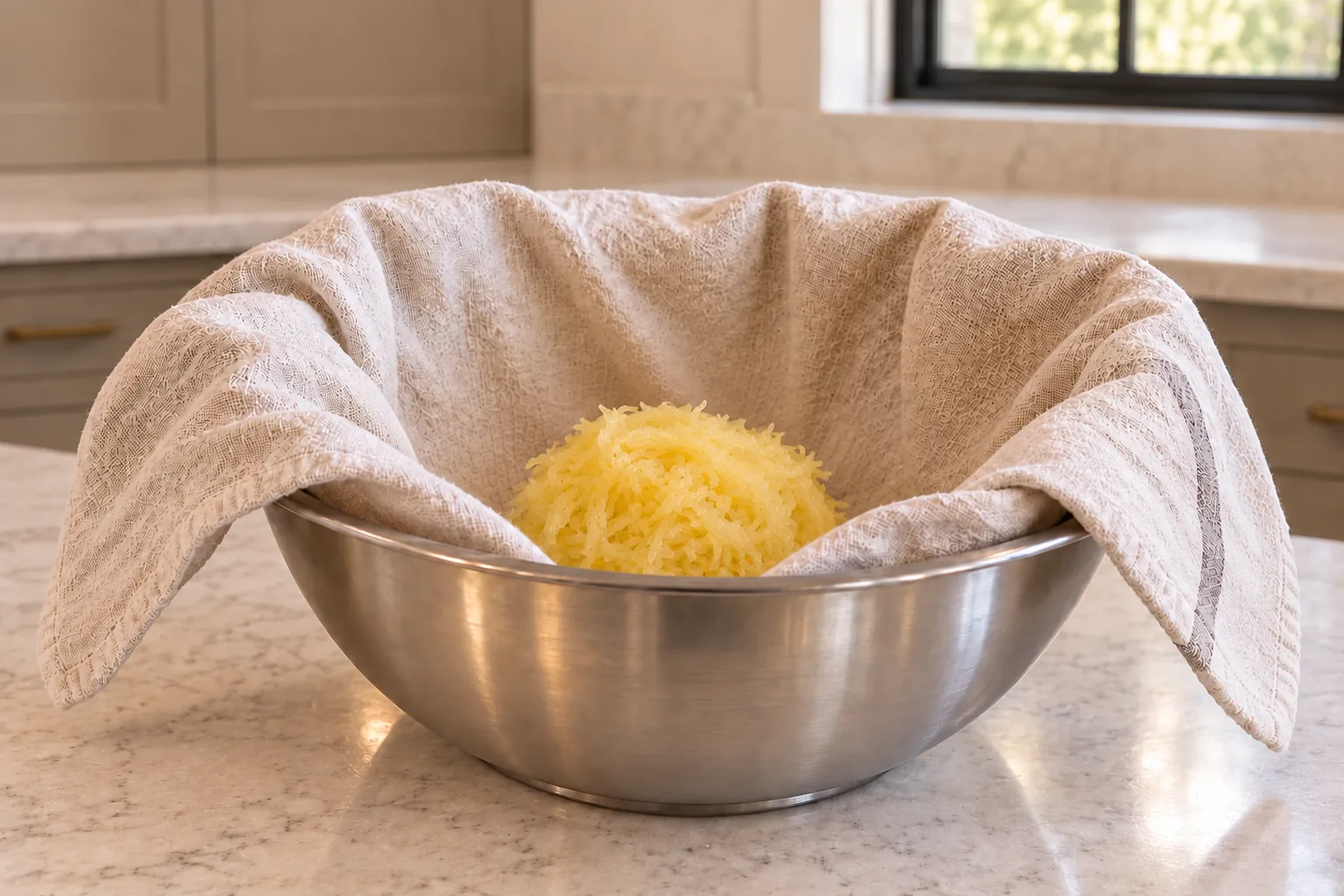One-half cup squeezed-dry spaghetti squash strands resting in linen inside a supported stainless bowl
