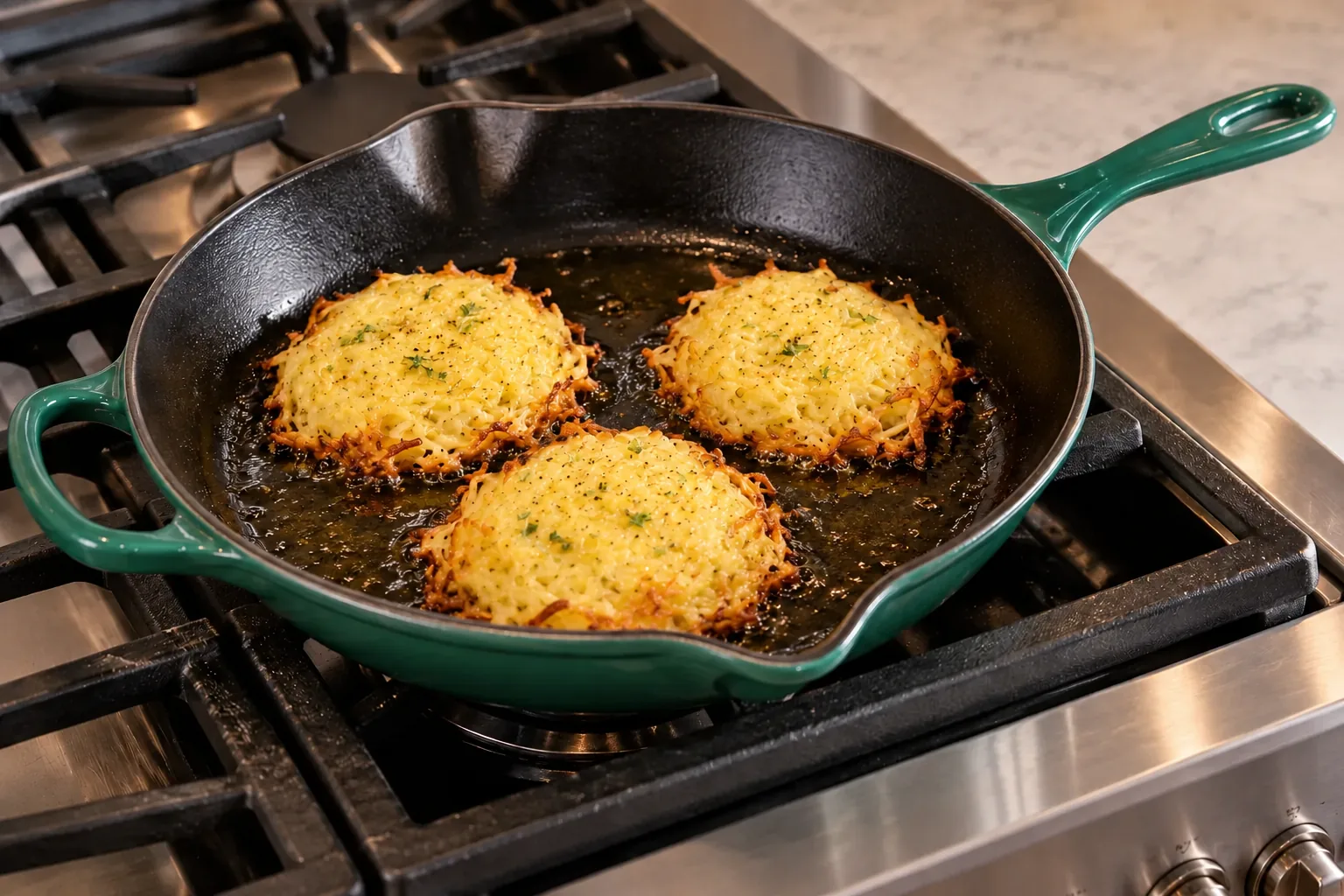 Three spaghetti squash fritters with pale set tops and golden rims ready to flip in the exact Artichaut skillet