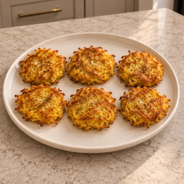 Six small spaghetti squash fritters for Full GAPS with crisp golden strand edges