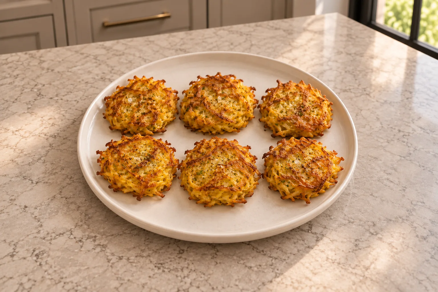 Six small spaghetti squash fritters for Full GAPS with crisp golden strand edges