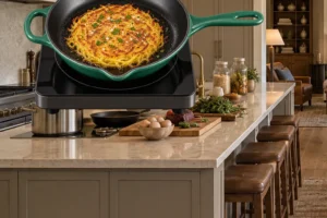 Spaghetti squash pancake golden after the first side is flipped in an Artichaut skillet