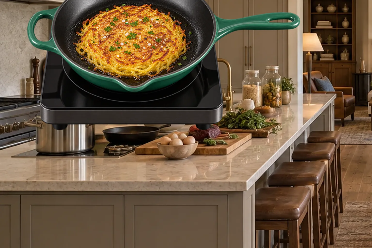 Spaghetti squash pancake golden after the first side is flipped in an Artichaut skillet