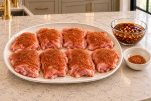 Eight raw boneless skinless chicken thighs spice-coated beside honey lime sauce and dry spice blend