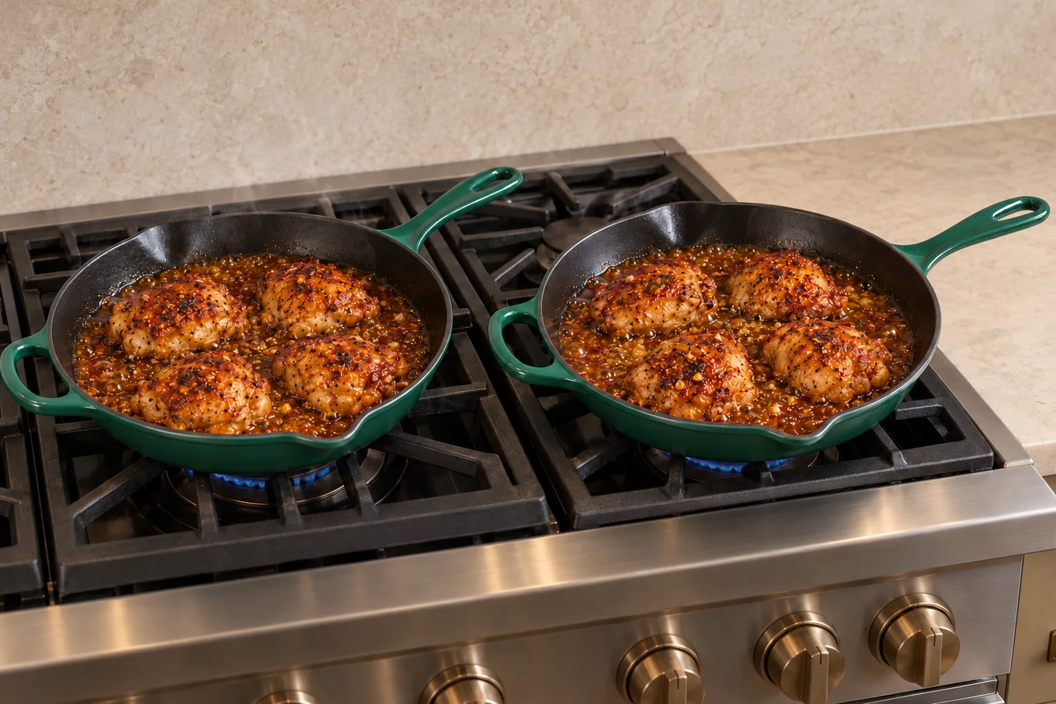 Eight browned chicken thighs in bubbling honey lime glaze across two supported Artichaut skillets