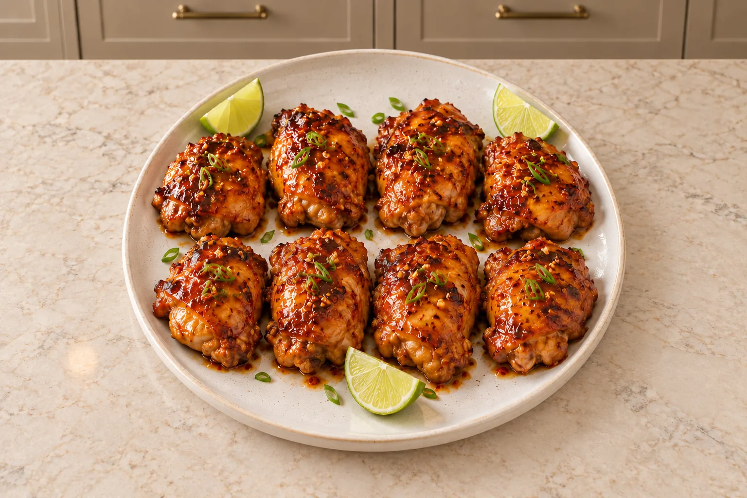 Eight spicy honey lime chicken thighs with glossy Full GAPS glaze in the WFLI kitchen