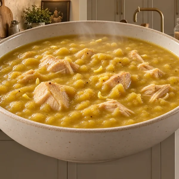 Golden Full GAPS split pea soup with bite-size chicken thigh pieces in a cream bowl