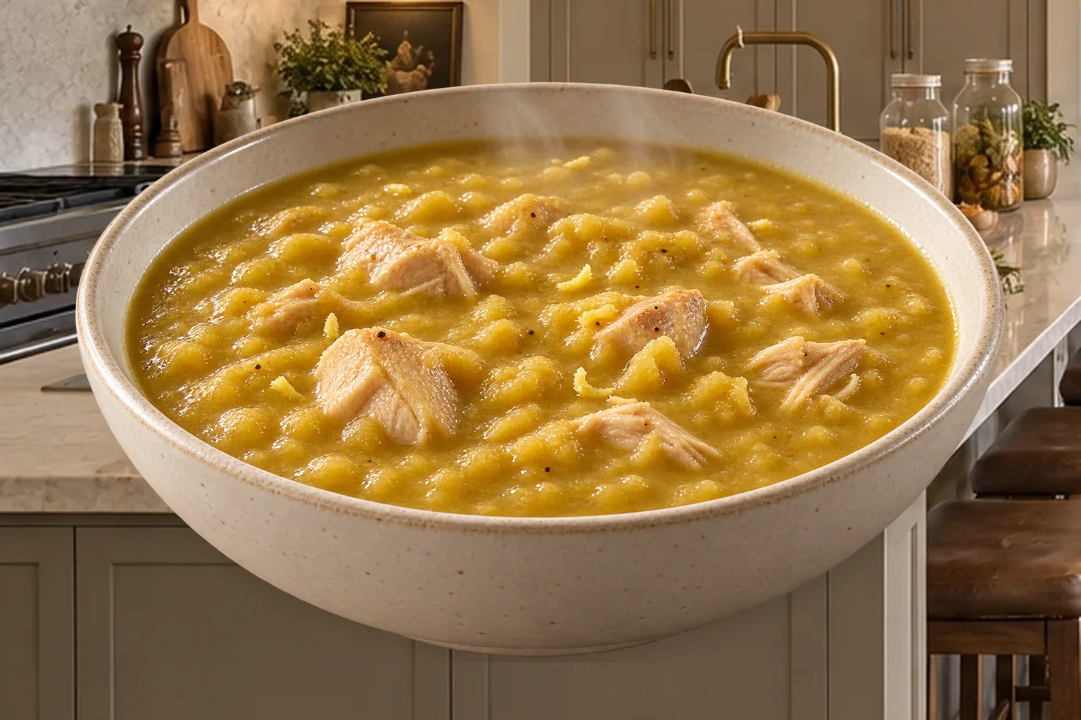 Golden Full GAPS split pea soup with bite-size chicken thigh pieces in a cream bowl
