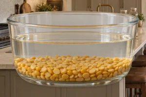 Yellow split peas beneath two inches of clear acidulated water in a deep glass bowl