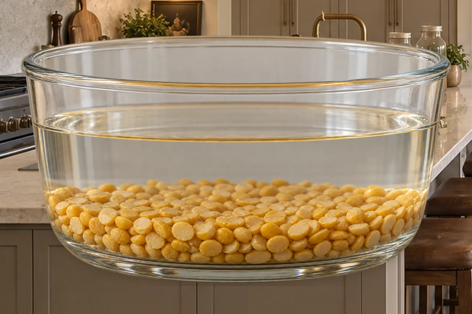 Yellow split peas beneath two inches of clear acidulated water in a deep glass bowl